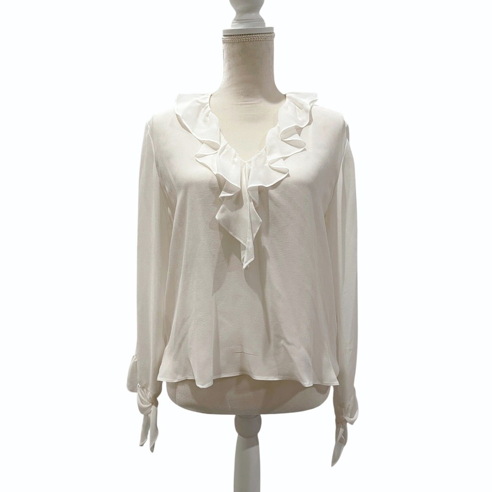 Max Mara Studio Silk Sheer Ruffle Blouse Womens 8 Med Ivory Tie Cuff Ethereal
